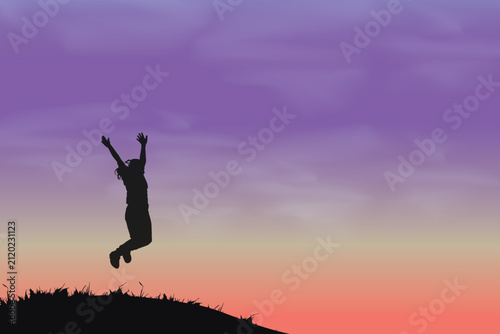 Vector illustration of a joyful person jumping at sunset with a colorful sky, symbolizing freedom, success, happiness, and motivation. Perfect for wellness, travel, lifestyle, and inspirational design
