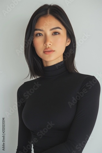 Beautiful female model posing in black clothes on a light gray background.