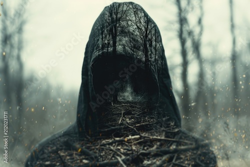 Mans face double exposure with trees in background