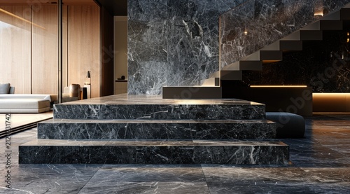 Marble staircase leading to living room