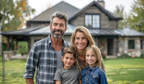 A family standing in front of their new home