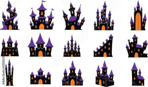 Collection of halloween castle silhouettes in purple and black isolated on white background