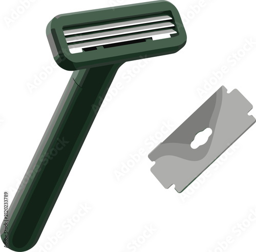 фотографія Green plastic razor next to a double edge metal razorblade for men grooming isol