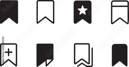 bookmark icon set black silhouette and outline style, save bookmark symbols minimal vector icon collection, favorite bookmark marker icon pack isolated design