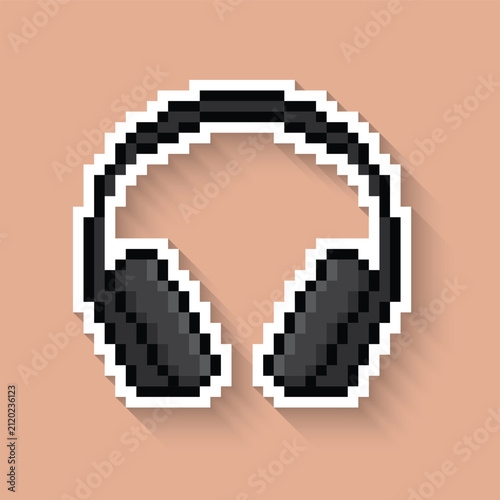 Headphones pixel art icon with long shadow sticker 8 bit vector for computer game logo
