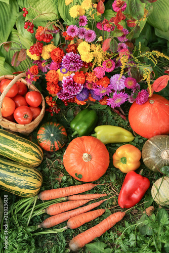 Autumn harvest of fresh pumpkin, tomato, pepper, carrot, zucchini vegetable with beautiful colorful fall flowers bouquet in garden. Harvesting organic fall vegetables