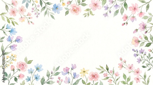 Soft Watercolor Floral Border Background with White Center.