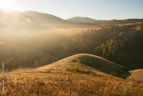 Obraz na płótnie Golden morning sunlight illuminates fog drifting across rolling hills, forested valleys, and autumn grassland