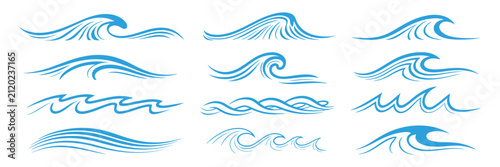 Quadro su tela Blue sea and ocean wave icon set with surf splashes, ripple textures, tidal flow