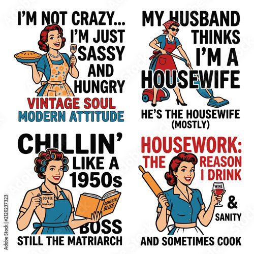 Obraz na plátne Vintage Style Retro Housewife Illustration Set with Sassy Quotes and Humorous Te