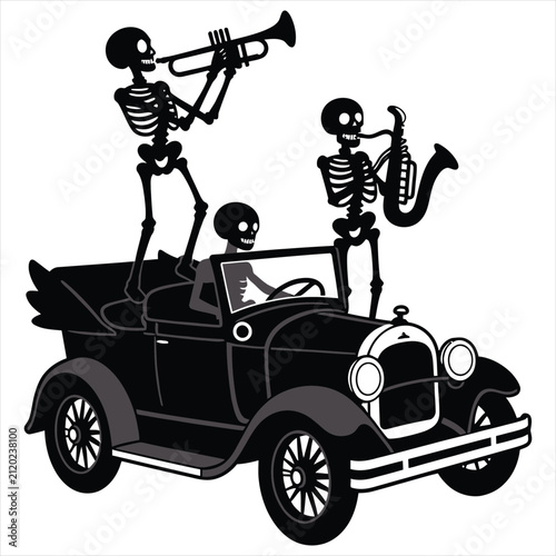 Funny Skeleton Musicians Riding Vintage Car Silhouette Vector Isolated on White Background