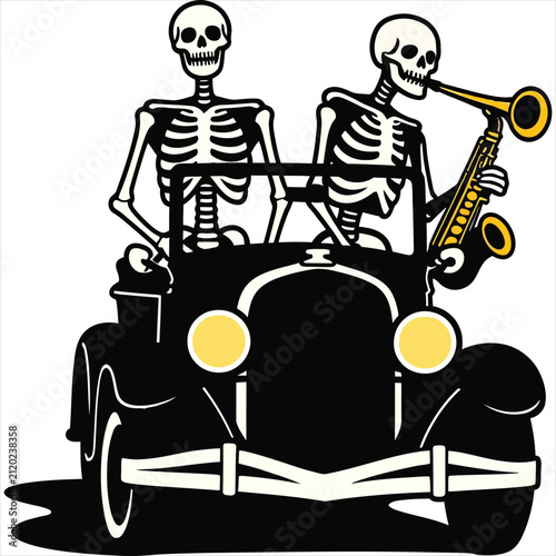 Skeleton Music Band on Classic Car Silhouette Vector