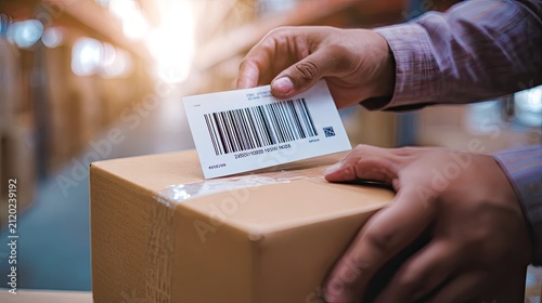 Hands applying a barcode label to a cardboard box, logistics tracking, warehouse inventory, package identification, ecommerce shipping, delivery control