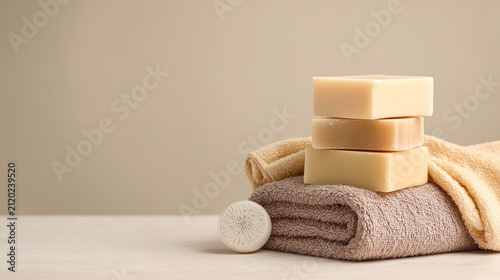 Natural soap bars stacked on folded towels with a bath sponge, spa wellness, personal hygiene, body care, calm neutral styling