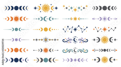 Celestial moon phases and mystical sun ornaments in boho style art.