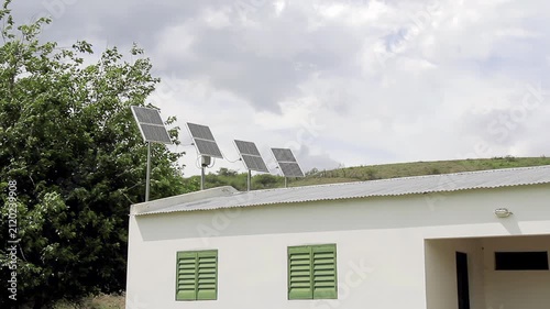 Solar Panels on Roof of Rural School Building in Argentina - 4K