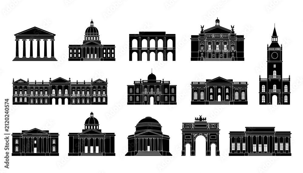 Fototapeta premium Buildings with Classical and Modern Architectural Styles in Black and White Featuring Architecture, Design
