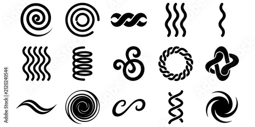 Collection of abstract black and white spiral symbols.