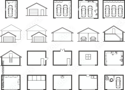 Blueprint collection of various garage designs, featuring single-car, double-car, and multi-car garages, alongside architectural floor plans, elevations, and interior layouts.
