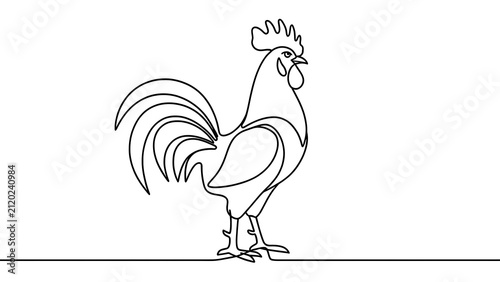 Line art rooster illustration white background.