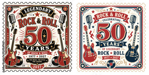 Vintage Rock and Roll 50 Year Anniversary Label Vector Set, Retro Music Celebration Frames and Decorative Festival Badge Collection
