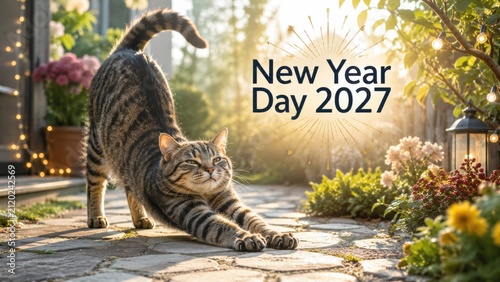 striped tabby cat stretches on a sunlit garden path surrounded by flowers and plants, with 