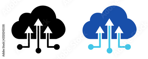 Cloud computing upload icon set showing data transfer from multiple sources to server storage via digital connection circuit lines.