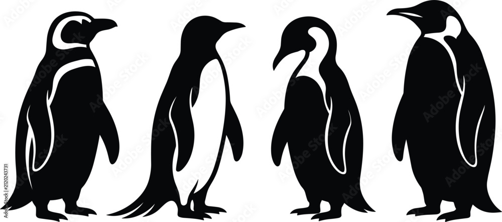 Obraz premium Penguin silhouette vector illustration set featuring various antarctic bird species standing in row isolated