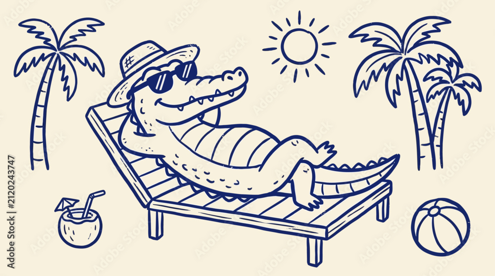 Obraz premium Whimsical Naive Doodle Vector Illustration of a Happy Crocodile Relaxing on a Comfortable Sun Lounger During Summer Vacation, Cute Reptile Character Lounging Outdoors Under the Golden Sunlight