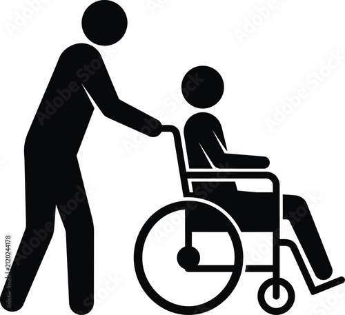 Caregiver assisting disabled person in wheelchair silhouette icon illustration