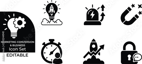 Marketing conversion and business icon set featuring strategic sales development vectors.