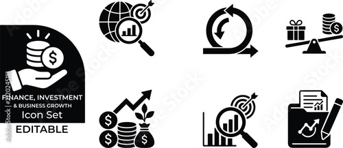 Finance investment and business growth icon set including financial planning vector signs.
