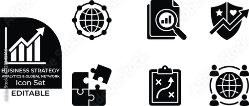 Business strategy icon set featuring analytics global network data charts and puzzle pieces.