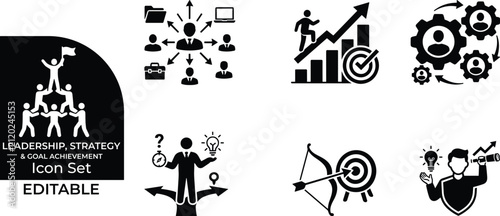 Leadership strategy and goal achievement icon set featuring professional vector illustrations.