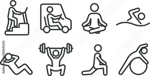 Minimalist sports line icon set showing stick figures doing weightlifting swimming stair climbing and gymnastics