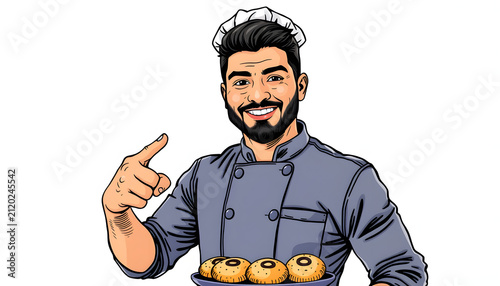 Hispanic male baker with pastries person pointing by hand to a shirt copy space, proud and confident, doodle art. White tone
