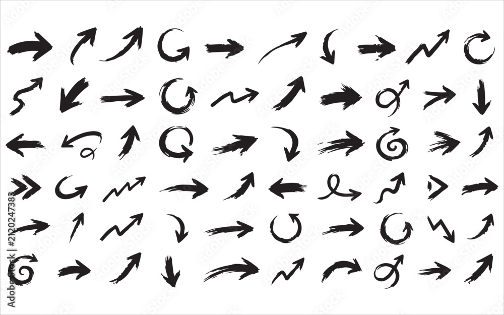 Fototapeta premium Large set of black hand drawn ink brush arrows and pointers with handdrawn pointers direction graphics pointing collection isolated creative