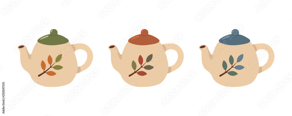 Fototapeta premium Cozy ceramic teapots collection with autumn leaves. Cute kitchenware set with hot tea pots and seasonal botanical elements. Flat vector illustration isolated on white background.