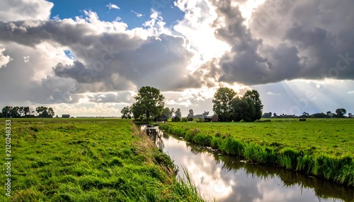 Field with ditch and clouds.