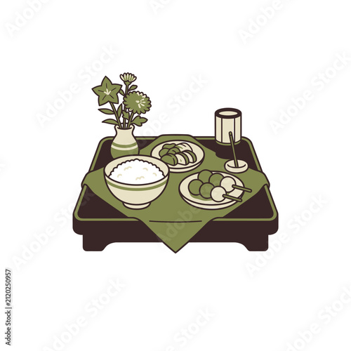 お盆に供える精霊棚の供物と団子とご飯のシンプルなイラスト.
