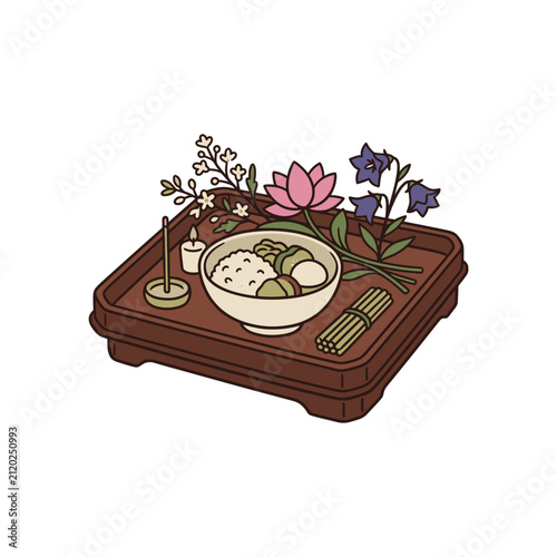 お盆の時期に仏壇へお供えする精進料理と花と線香のイラスト.