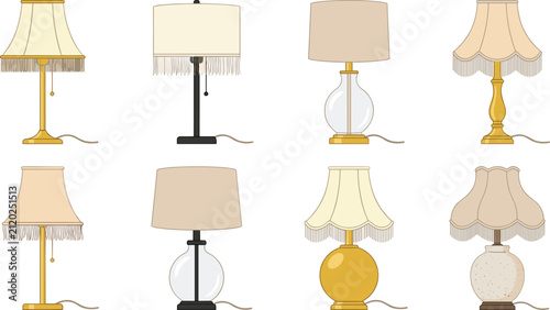 Vintage Table Lamp Collection Vector Illustration with Classic Fabric Lampshades Decorative Lighting Fixtures and Elegant Home Interior Decor Set
