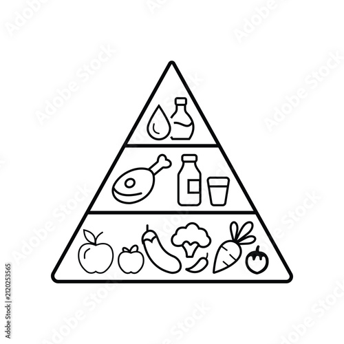 Healthy food pyramid chart icon showing balance of vegetables fruits proteins and oils in diet plan.