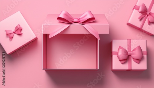 Blank All Pink Gift Box Mockup Exhibition Booth Products Display Stand Showcase Or Opened Present Box Tied With Pink Ribbon Bow Isolated On Pink Pastel Background Creative Idea Conceptual D Rendering