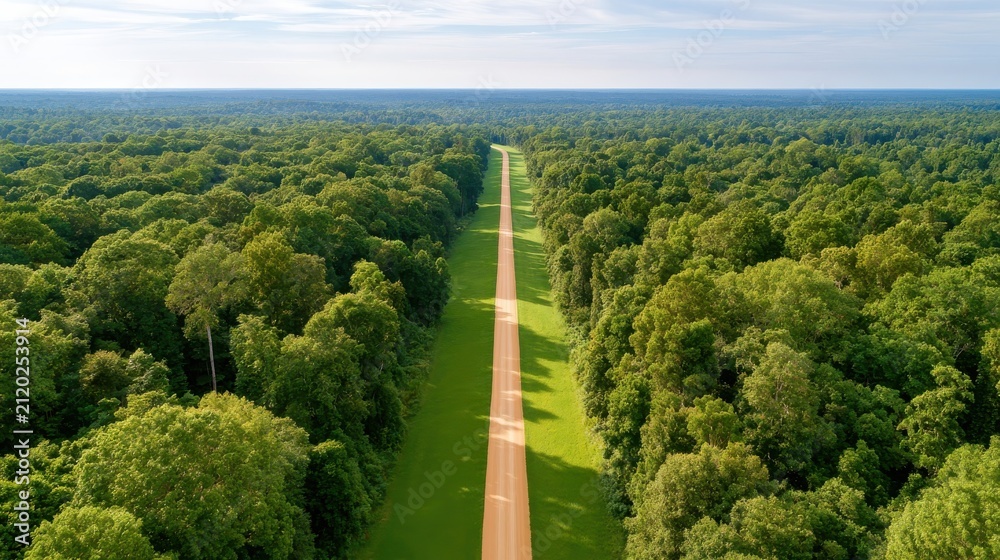 Obraz premium Aerial view of straight pipeline right of way cutting through dense green forest