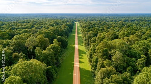 Aerial view of straight pipeline right of way cutting through dense green forest