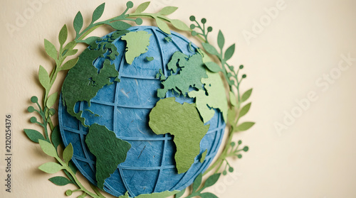 Decorative felt globe with green foliage on beige wall  