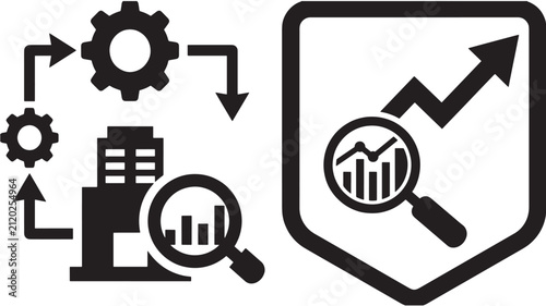 Business process optimization concept with gears magnifying glass financial graph growth arrow and corporate shield icon vector illustration