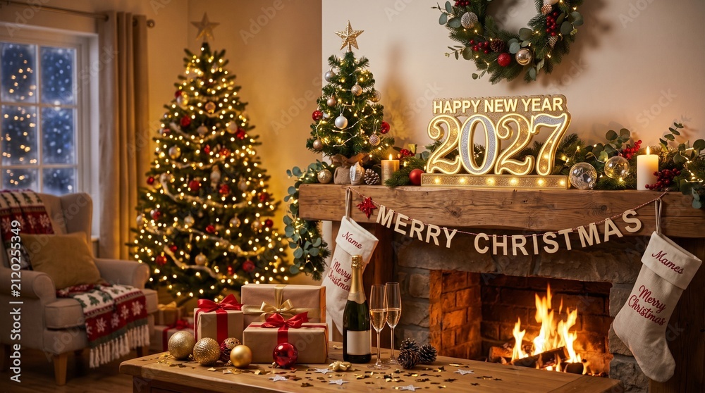 Fototapeta premium Festive Christmas living room interior with glowing 2027 New Year numbers, decorated tree, and warm fireplace