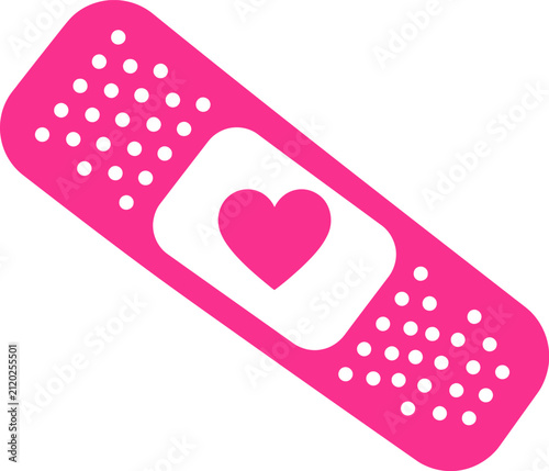 Pink adhesive bandage with heart icon isolated on white background